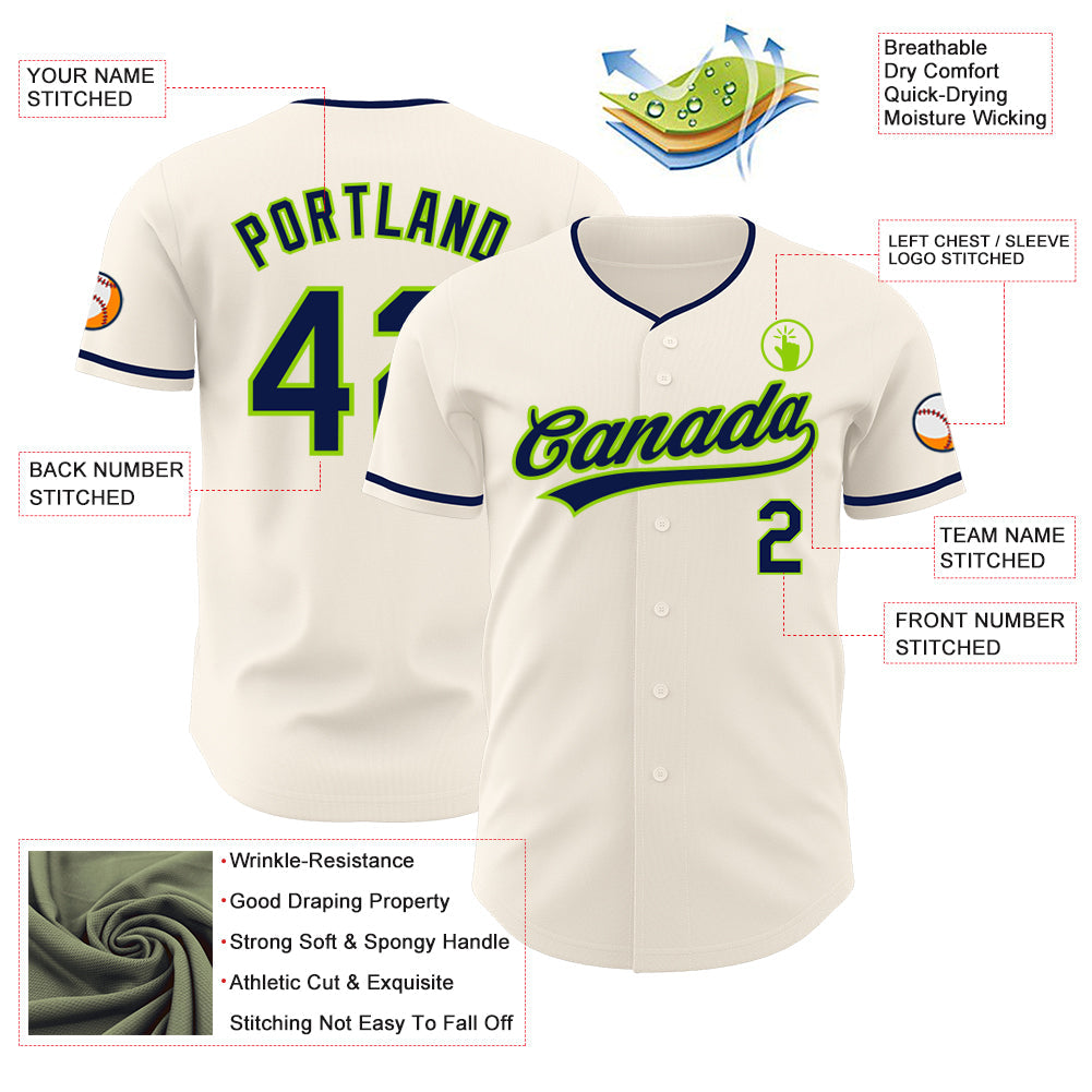 Custom Cream Navy-Neon Green Authentic Baseball Jersey