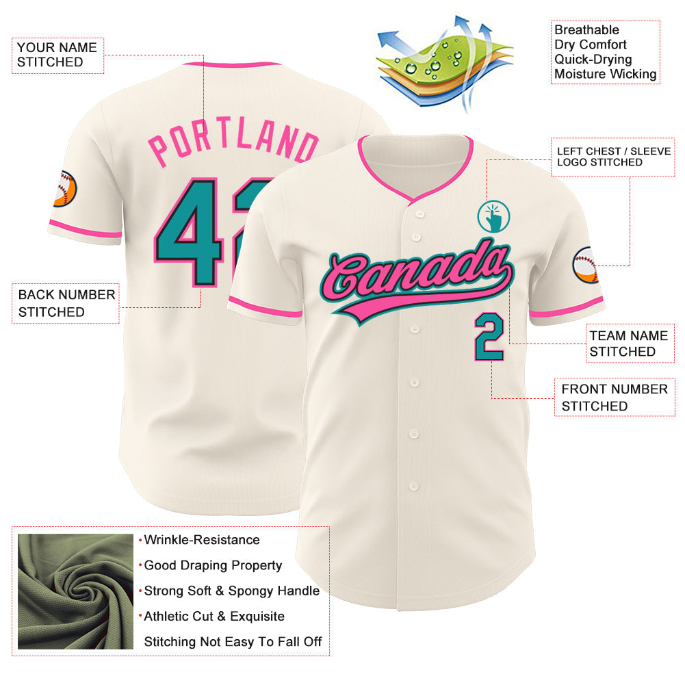 Custom Cream Teal Black-Pink Authentic Baseball Jersey