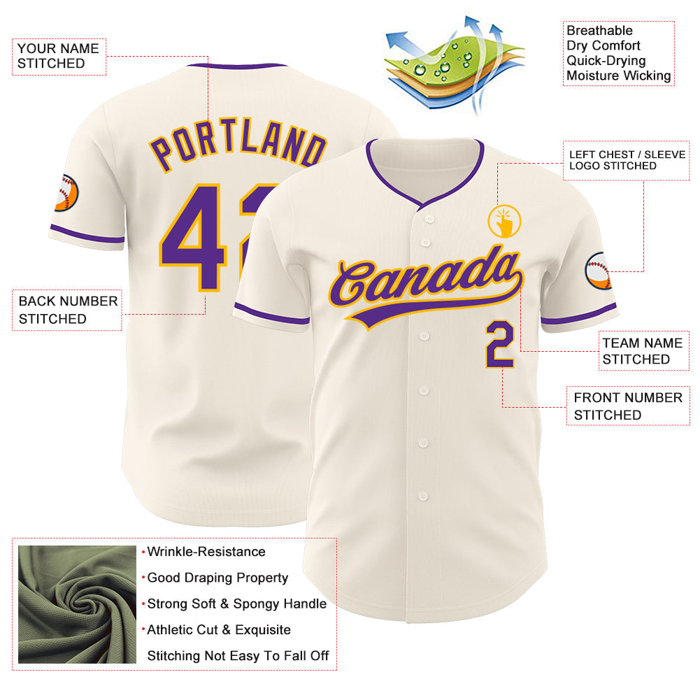 Custom Cream Purple-Gold Authentic Baseball Jersey
