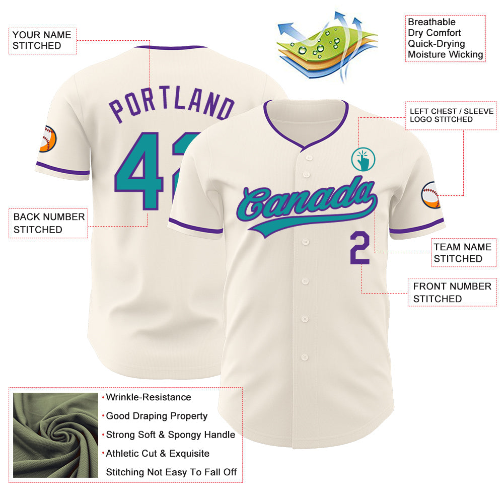 Custom Cream Teal-Purple Authentic Baseball Jersey