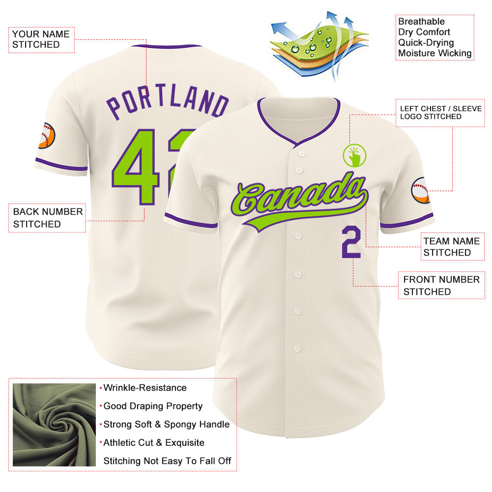Custom Cream Neon Green-Purple Authentic Baseball Jersey