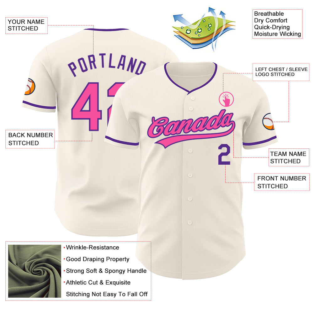 Custom Cream Pink-Purple Authentic Baseball Jersey