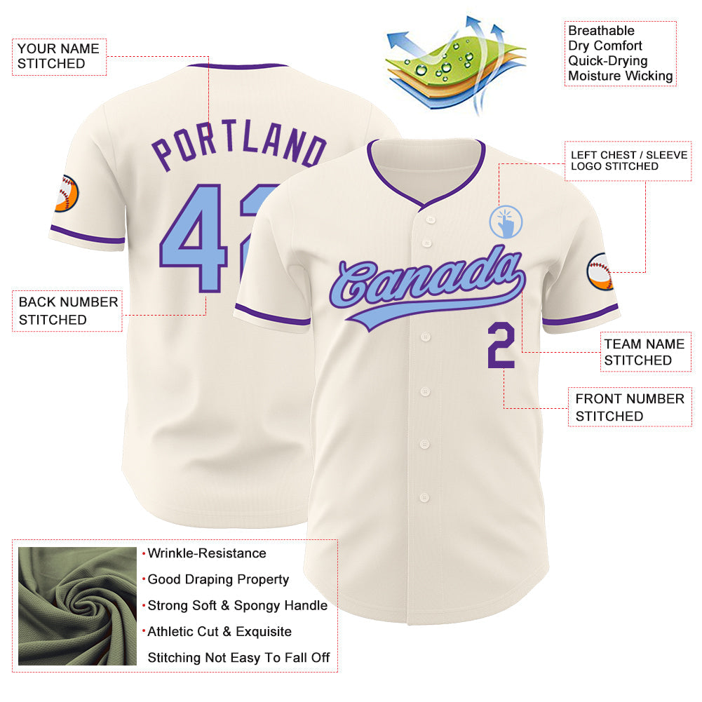 Custom Cream Light Blue-Purple Authentic Baseball Jersey