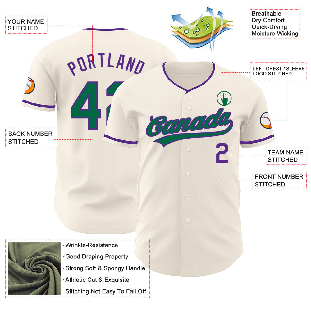 Custom Cream Kelly Green-Purple Authentic Baseball Jersey