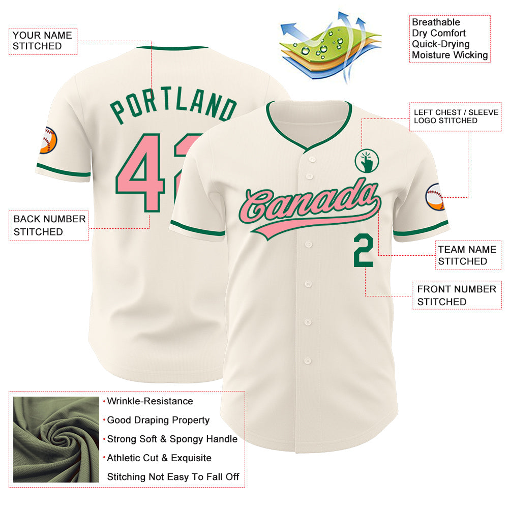 Custom Cream Medium Pink-Kelly Green Authentic Baseball Jersey