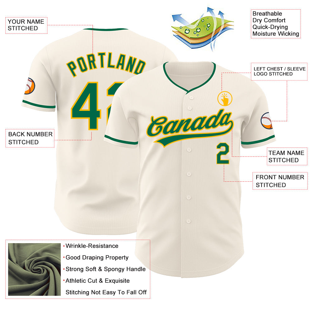 Custom Cream Kelly Green-Gold Authentic Baseball Jersey