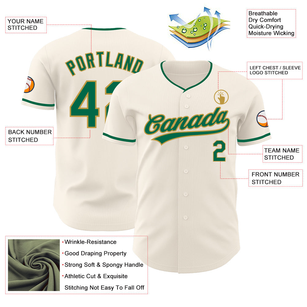 Custom Cream Kelly Green-Old Gold Authentic Baseball Jersey