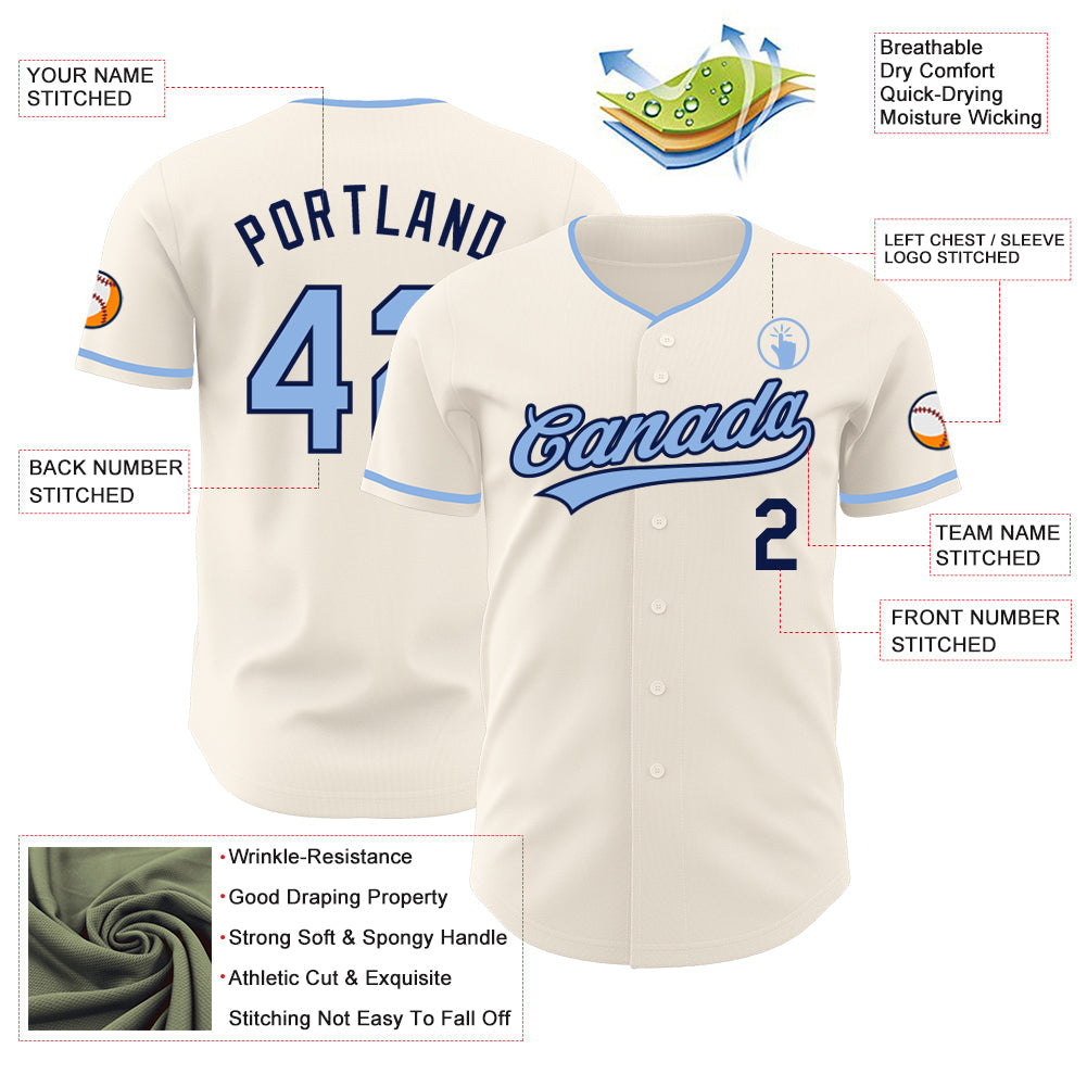 Custom Cream Light Blue-Navy Authentic Baseball Jersey