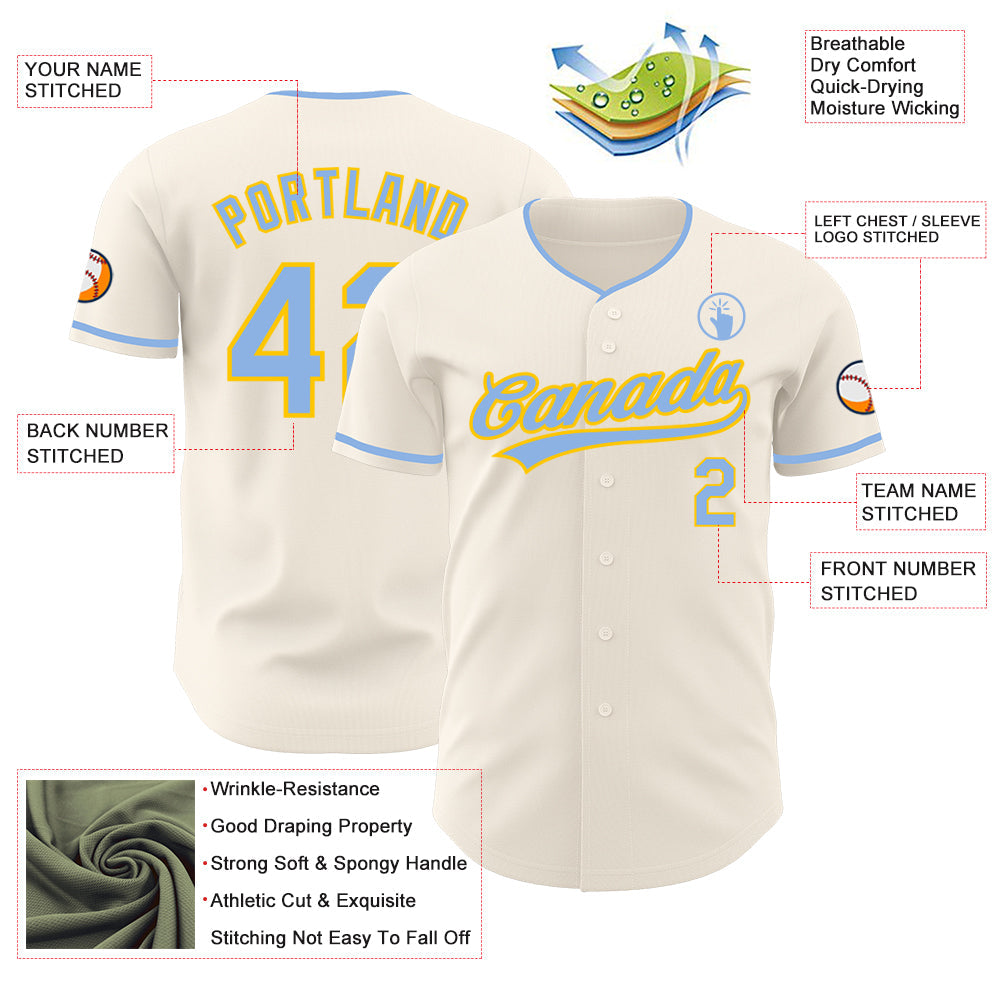 Custom Cream Light Blue-Yellow Authentic Baseball Jersey