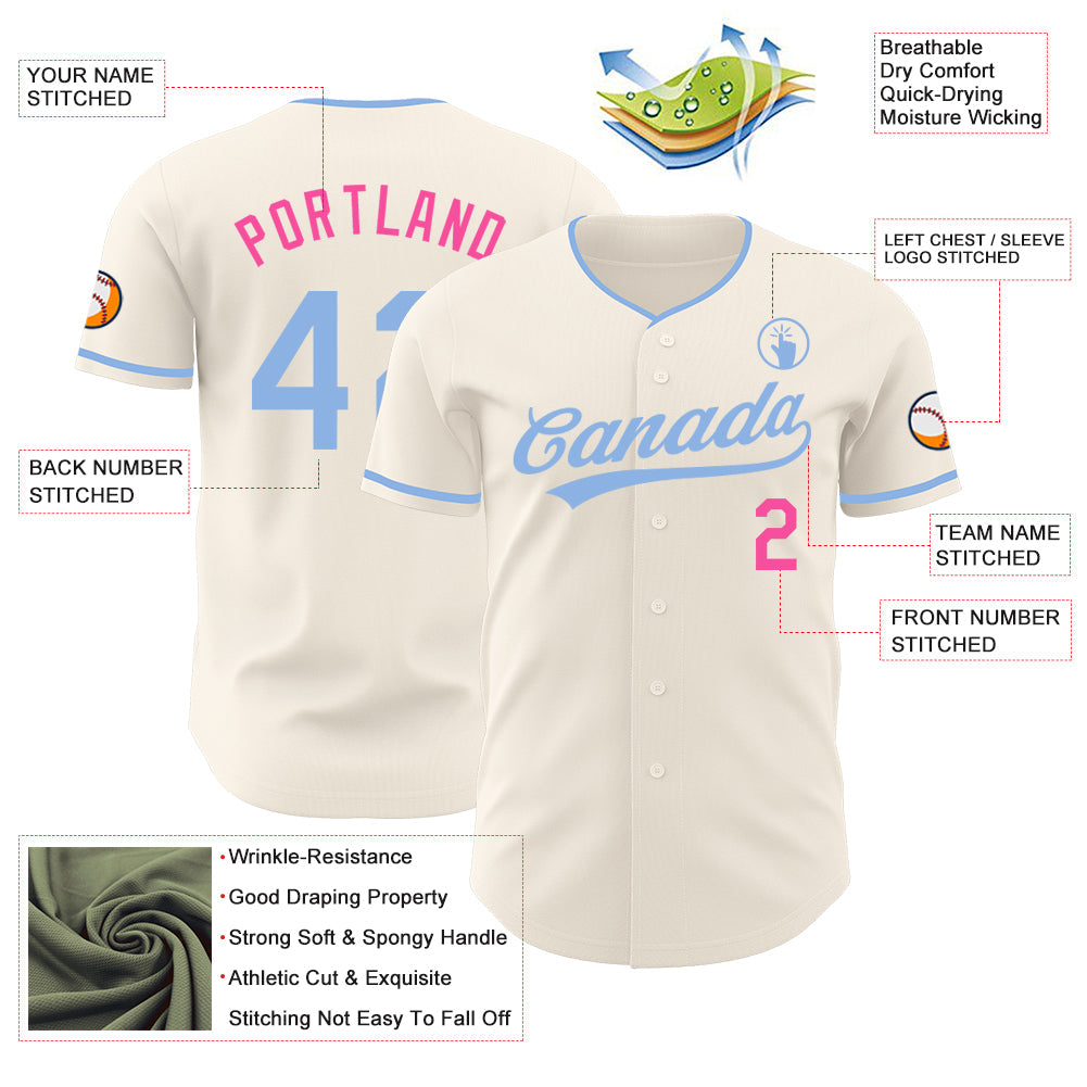 Custom Cream Light Blue-Pink Authentic Baseball Jersey