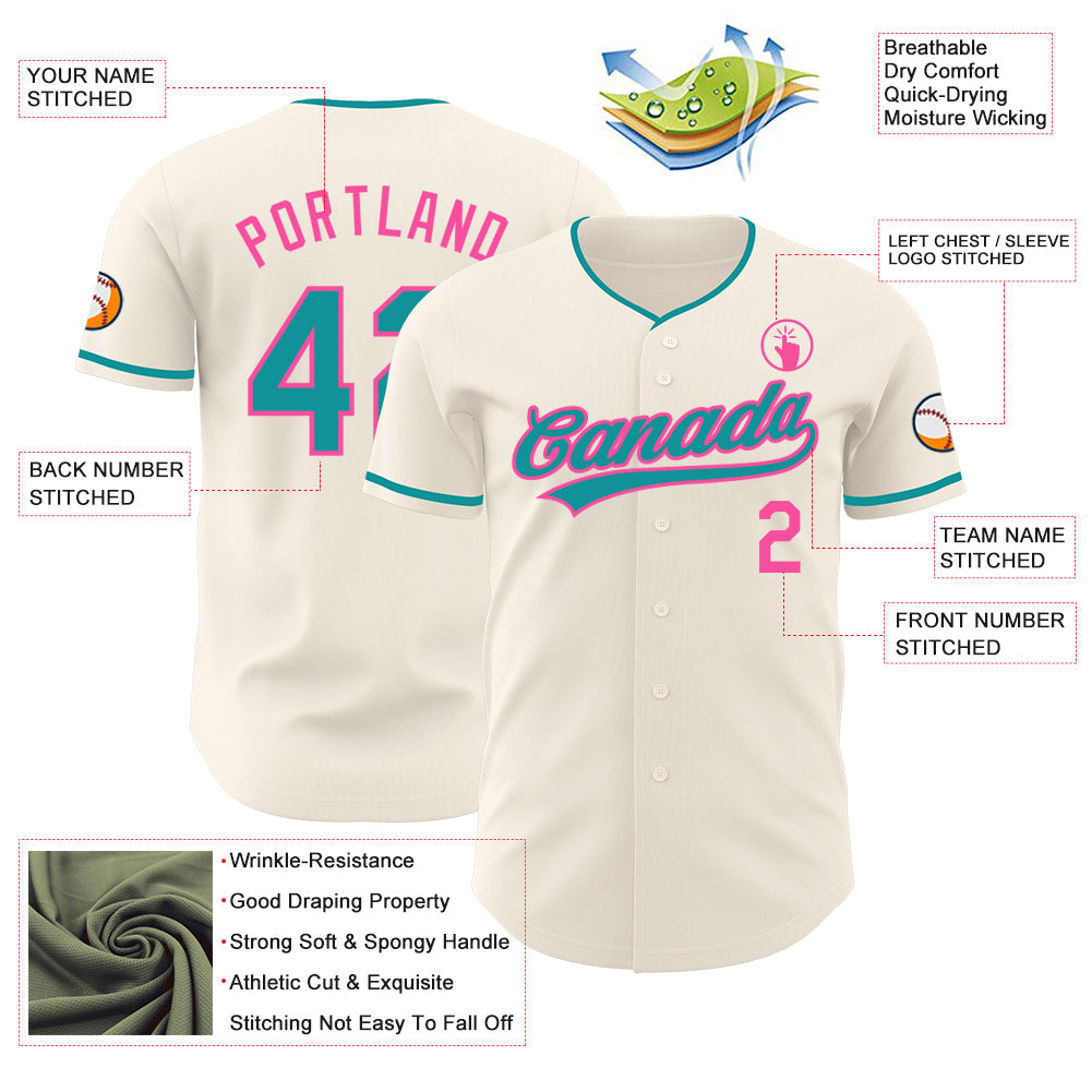 Custom Cream Teal-Pink Authentic Baseball Jersey