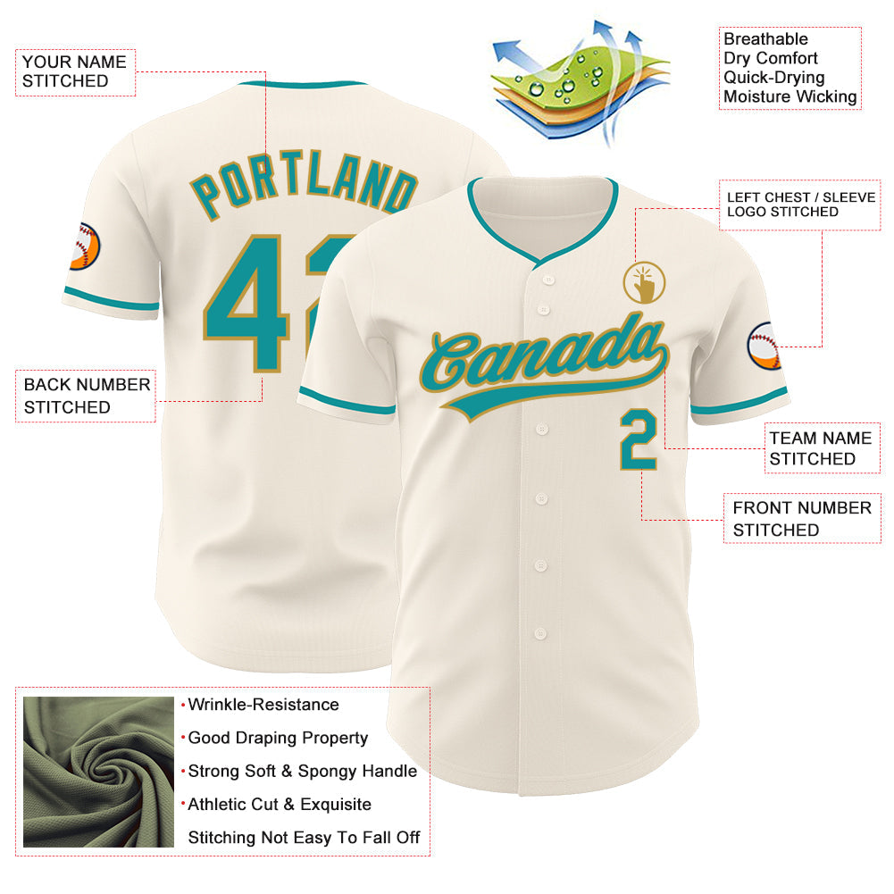 Custom Cream Teal-Old Gold Authentic Baseball Jersey
