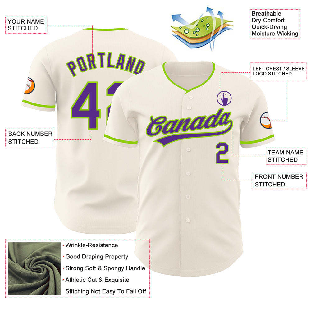 Custom Cream Purple-Neon Green Authentic Baseball Jersey