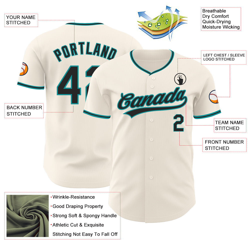 Custom Cream Black-Teal Authentic Baseball Jersey