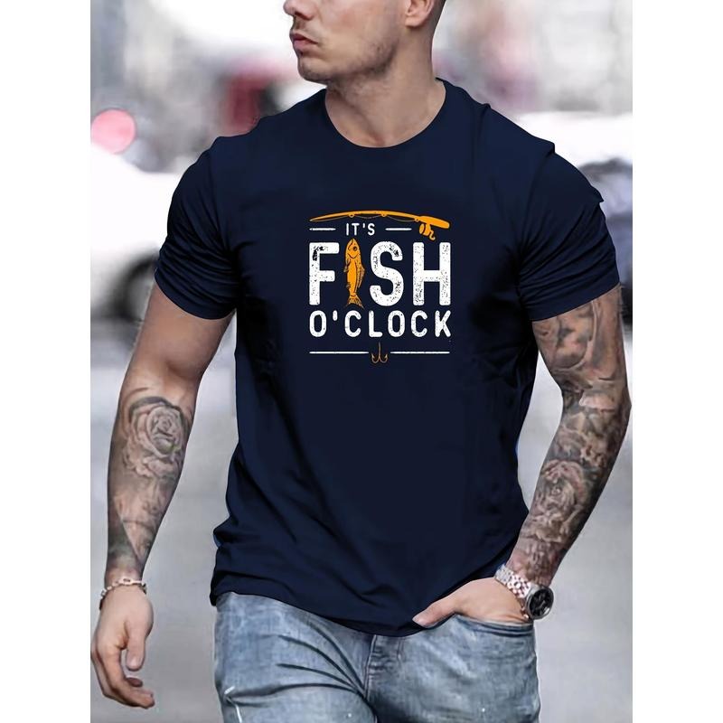 Creative IT'S FISH O'CLOCK Graphic Print, Men's Crew Neck Short Sleeve T-shirt, Casual Comfy Fit Top For Summer Made in...
