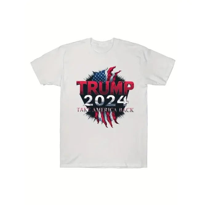 Creative Print Men's T-Shirt, Casual Cotton Round Neck Top, Versatile And Comfortable Tee- Trump 2024 Take America Made...