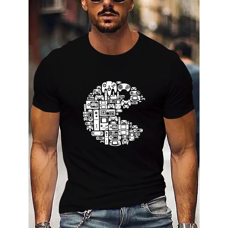 Creative Smiley Face Game Theme Graphic Print Men's Casual Round Neck Short Sleeve T-Shirt, Summer Versatile Outdoor...