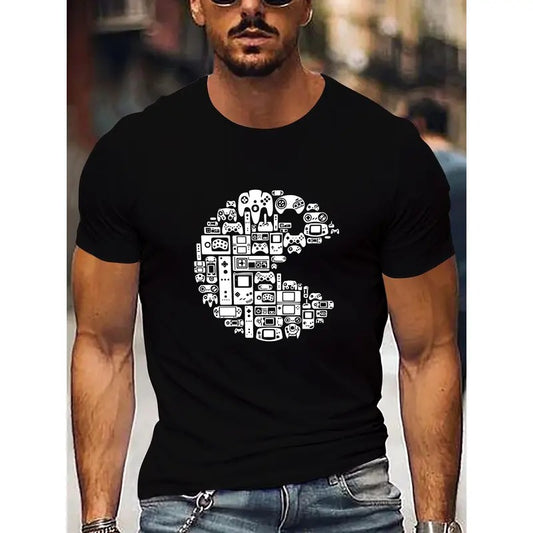Creative Smiley Face Game Theme Graphic Print Men's Casual Round Neck Short Sleeve T-Shirt, Summer Versatile Outdoor...
