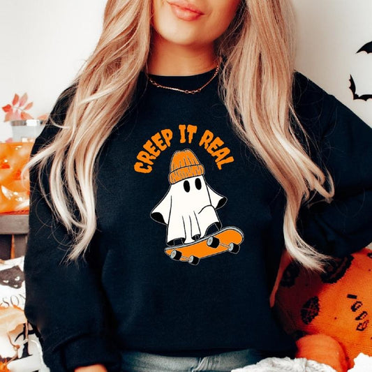 Creep It Real Sweatshirt, Cute Ghost Halloween Hoodie, Spooky Season Sweater, Skating Ghost Hoodie, Fall Gift Hoodie....
