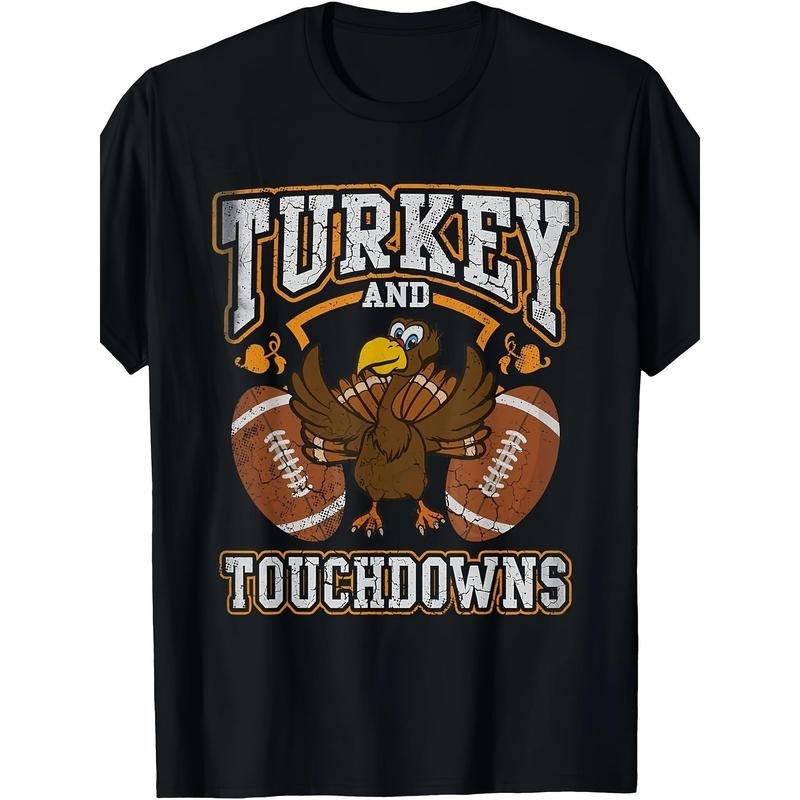 Crew-neck Casual Men's T-shirtThanksgiving Turkey And Touchdown Football Men's T-shirt