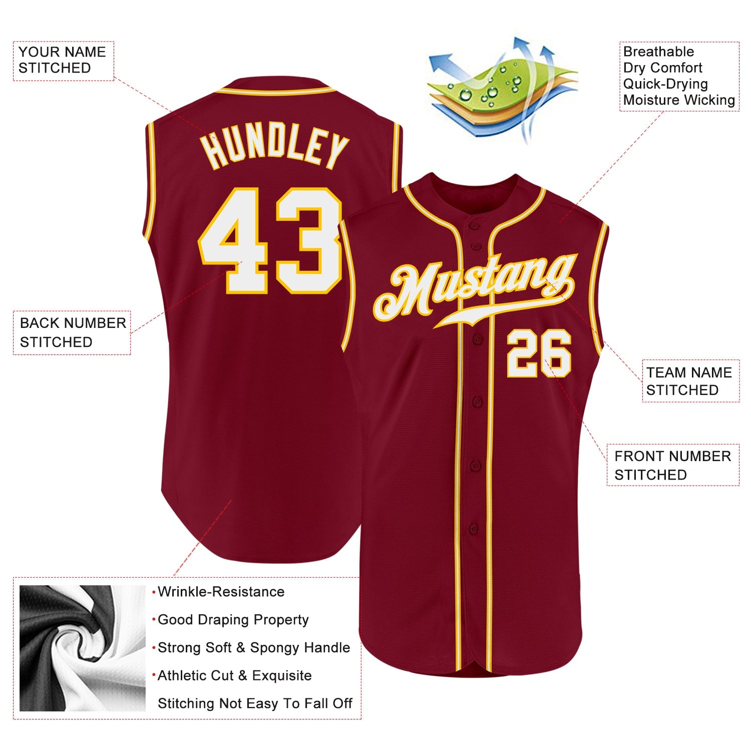 Custom Crimson White-Gold Authentic Sleeveless Baseball Jersey T-Shirts, Hoodie, Sweatshirt | WearSparks.com (Image 2)