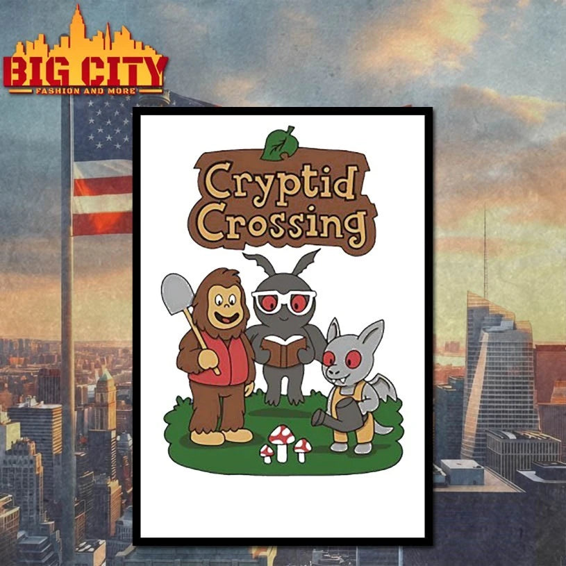 Cryptid Crossing Bigfoot Mothman and an Ahool in the style of Animal Crossing shirt