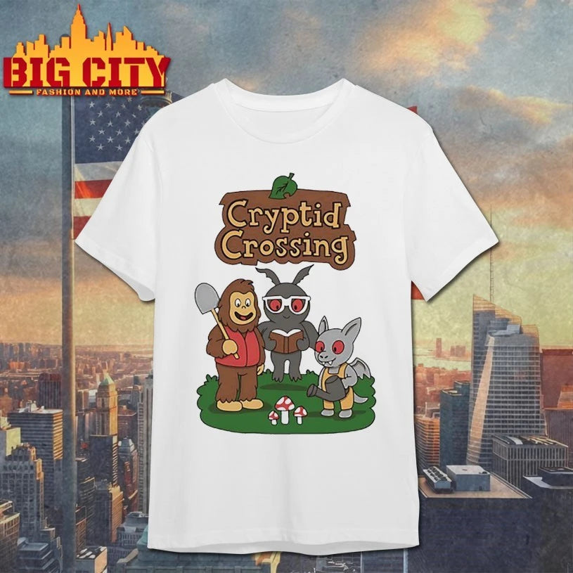Cryptid Crossing Bigfoot Mothman and an Ahool in the style of Animal Crossing shirt