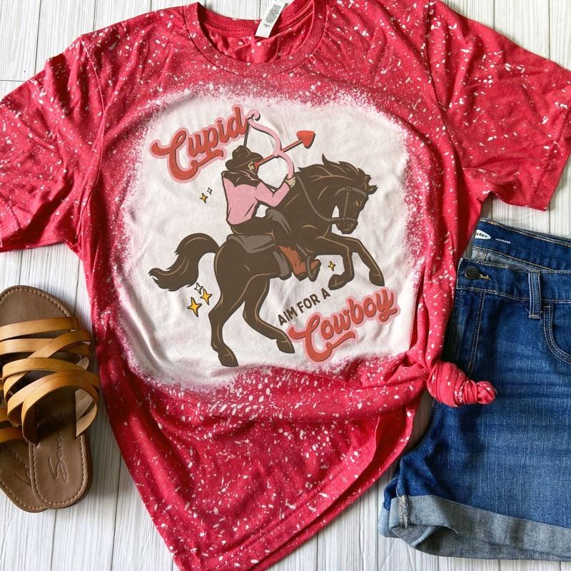 Cupid Aim For A Cowboy Bleached Shirt - Red - Sublimation Valentines Day Hoodie, Sweatshirt | WearSparks.com