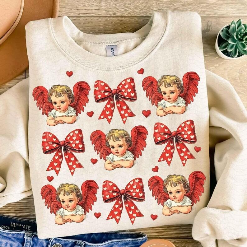 Cupid Coquette bow Retro Valentine Sweatshirt Baby Cupid Valentine's Day Valentine Love valentine's day bow T-Shirts, Hoodie