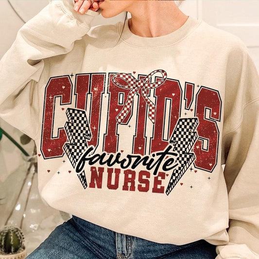 Cupid's favorite Nurse Sweatshirt, Nurse life Valentine Sweatshirt, Nurse Coquette bow checkred Sweatshirt, Valentines...