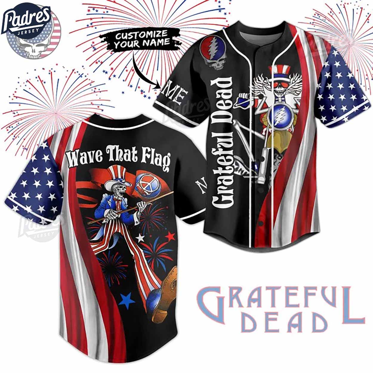 Custom 4th Of July Grateful Dead Baseball Jersey - Padres Jersey Oasis: Elevate Your Baseball Style Game... (Image 1)