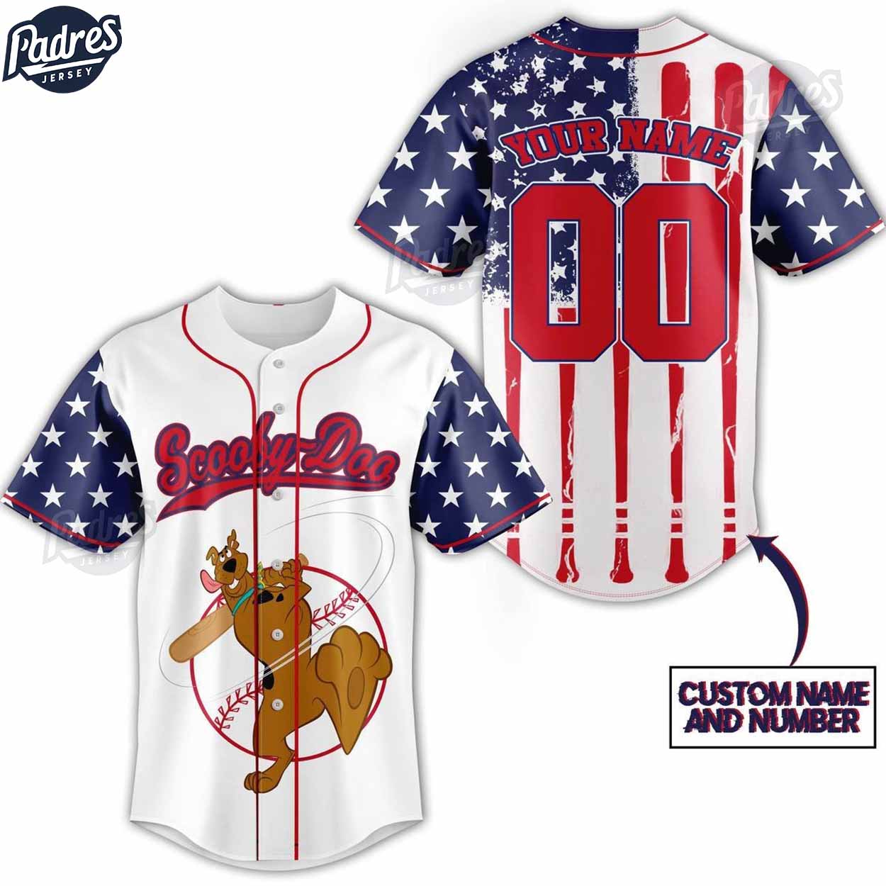 Custom 4th Of July Scooby Doo Baseball Jersey - Padres Jersey Oasis: Elevate Your Baseball Style Game T-Shirts,... (Image 1)