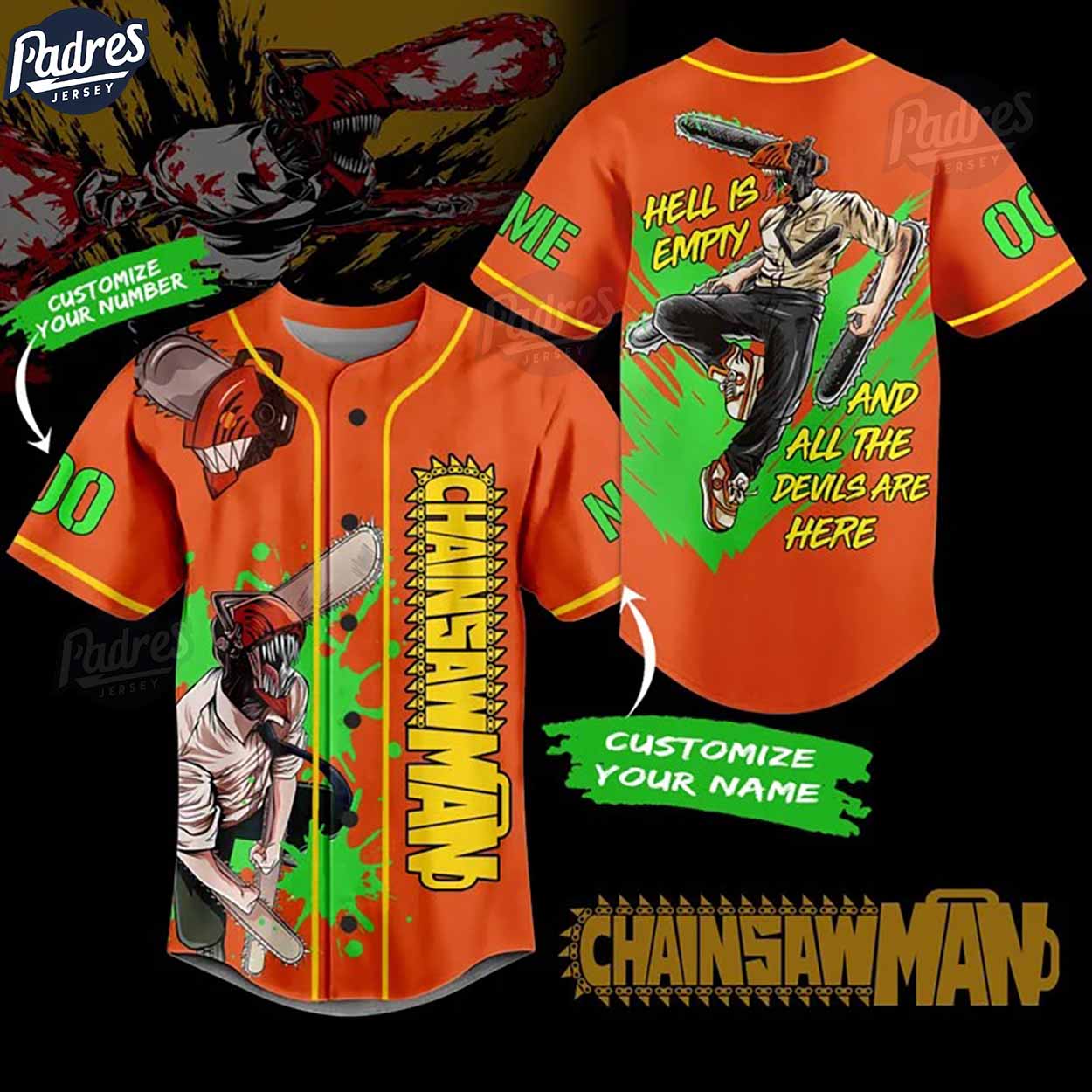 Custom Anime Chainsaw Man Baseball Jersey - Padres Jersey Oasis: Elevate Your Baseball Style Game T-Shirts,... (Image 1)