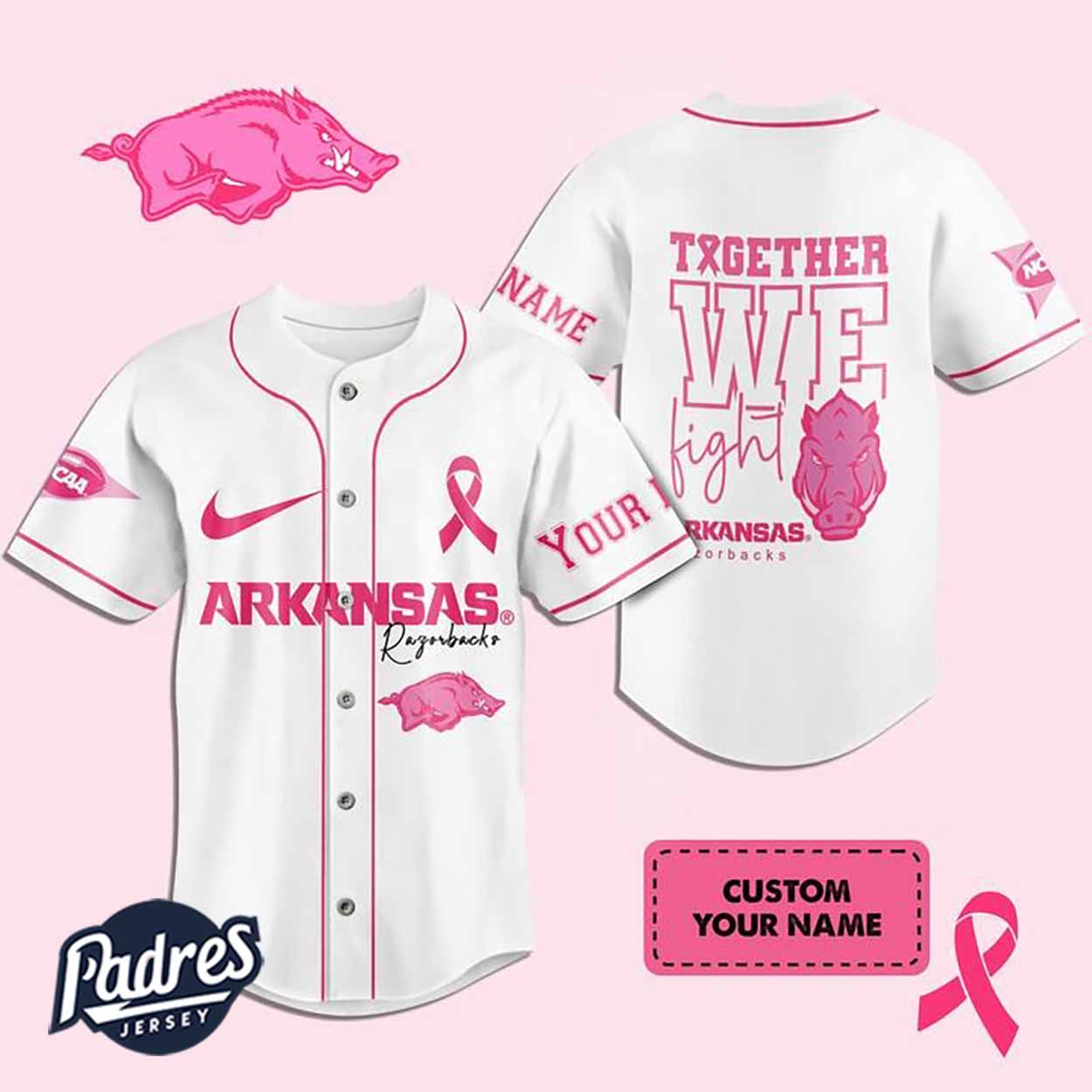 Custom Arkansas Razorbacks Breast Cancer Baseball Jersey - Padres Jersey Oasis: Elevate Your Baseball Style... (Image 1)
