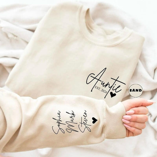Custom Auntie Sweatshirt, Personalized Aunt Hoodie With Nieces Nephews Names On Sleeve, Pregnancy Reveal Shirt, Mothers...