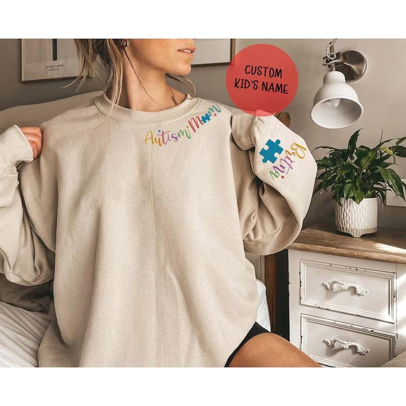 Custom Autism Mom with Kids Name on Sleeve, Autism Awareness Shirt, Autism Mama Shirt, Autism Awareness, Neurodivergent...