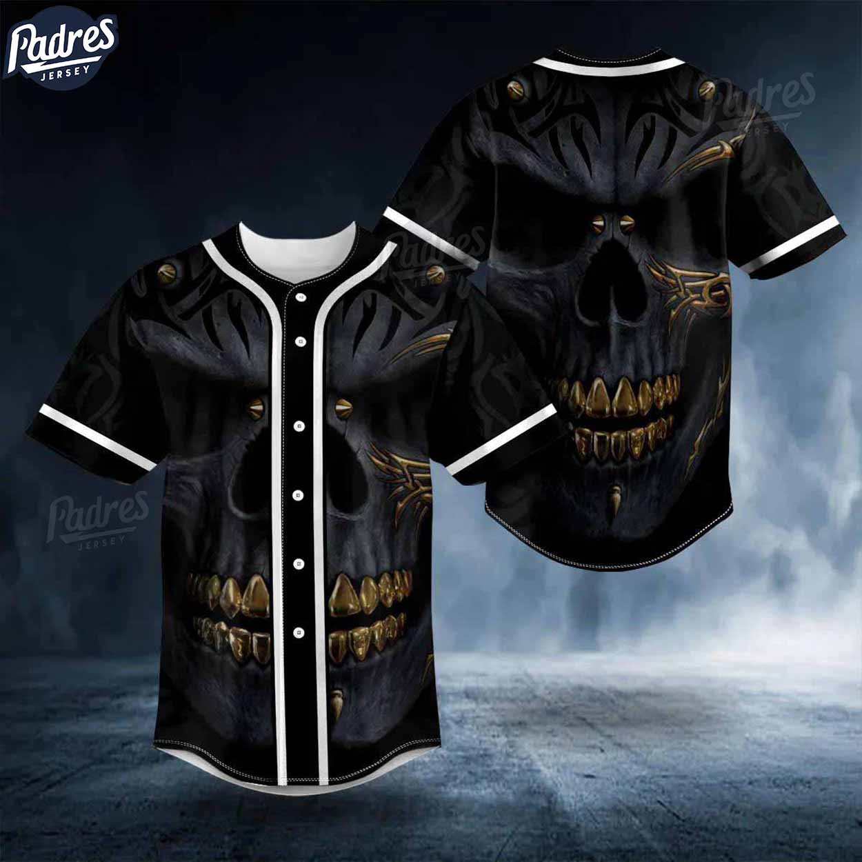 Custom Black Gold Demon Skull Baseball Jersey - Padres Jersey Oasis: Elevate Your Baseball Style Game T-Shirts, Hoodie,...