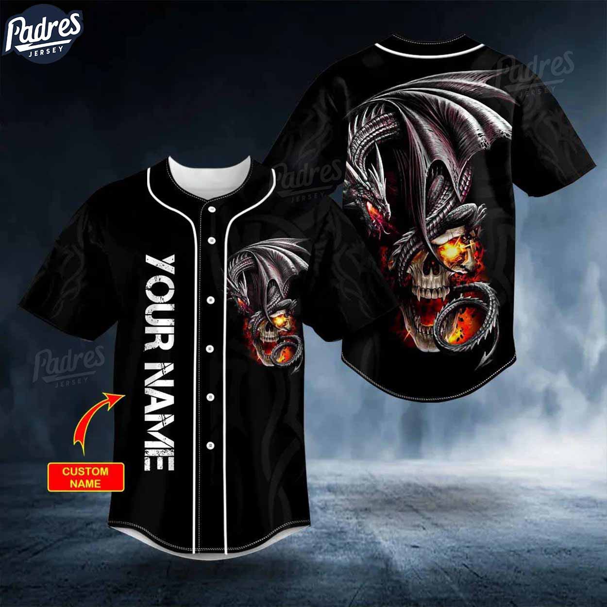 Custom Black Gothic Dragon Fire Skull Baseball Jersey - Padres Jersey Oasis: Elevate Your Baseball Style Game T-Shirts,...