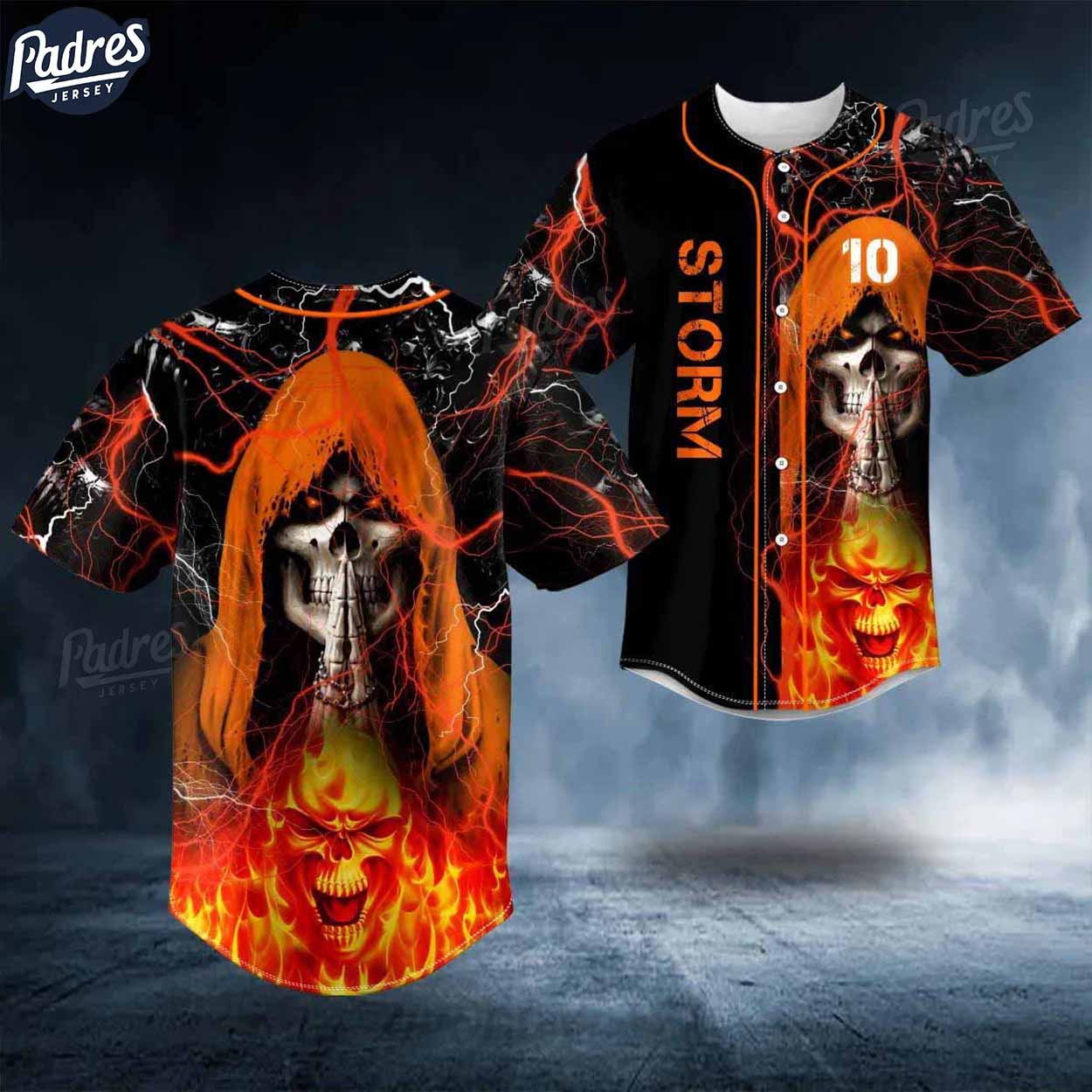 Custom Black Grim Reaper Praying Storm Skull Baseball Jersey - Padres Jersey Oasis: Elevate Your Baseball Style Game...