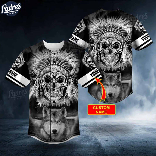 Custom Black White Wolf N Native Skull Baseball Jersey - Padres Jersey Oasis: Elevate Your Baseball Style Game T-Shirts,...