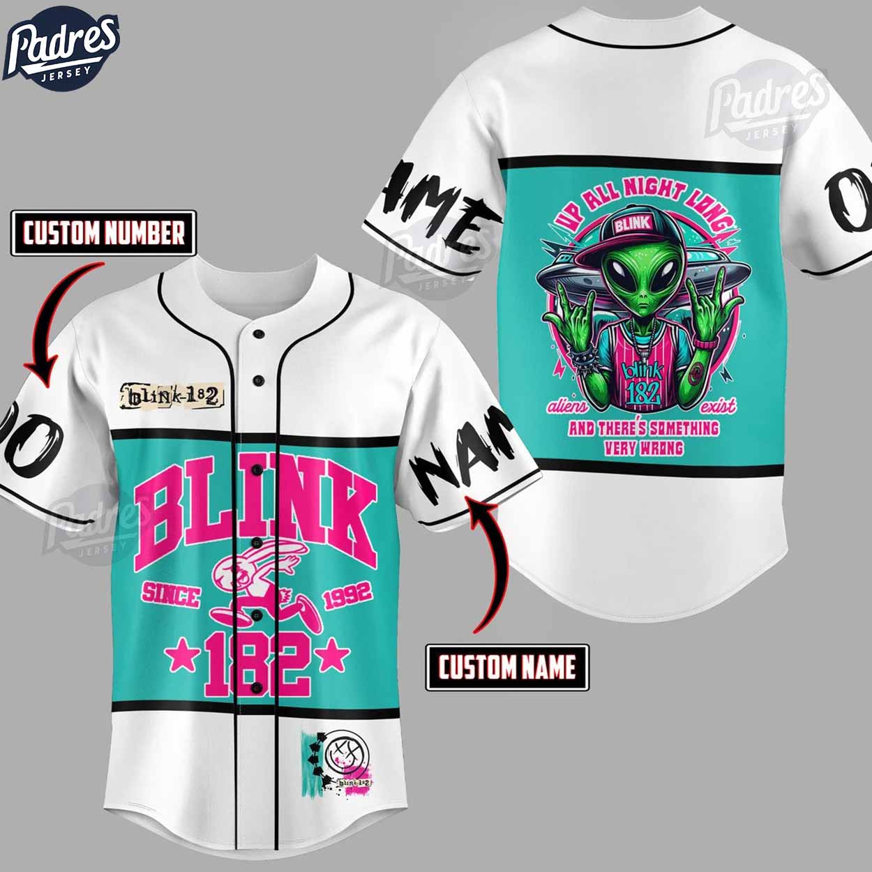 Custom Blink-182 Alien Baseball Jersey - Padres Jersey Oasis: Elevate Your Baseball Style Game T-Shirts,... (Image 1)
