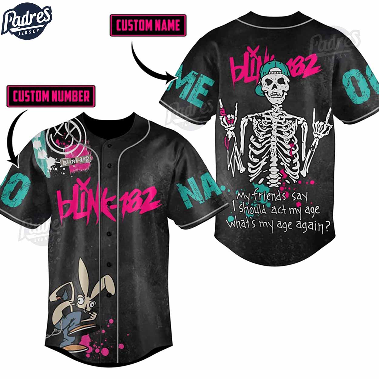 Custom Blink-182 Skeleton Baseball Jersey - Padres Jersey Oasis: Elevate Your Baseball Style Game T-Shirts,... (Image 1)