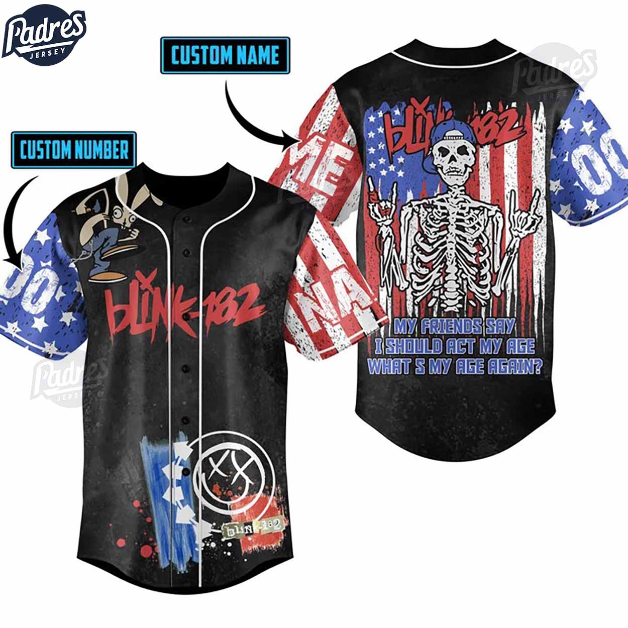 Custom Blink-182 Skeleton My Friends Say I Should Act My Age What’s My Age Again Baseball Jersey - Padres... (Image 1)