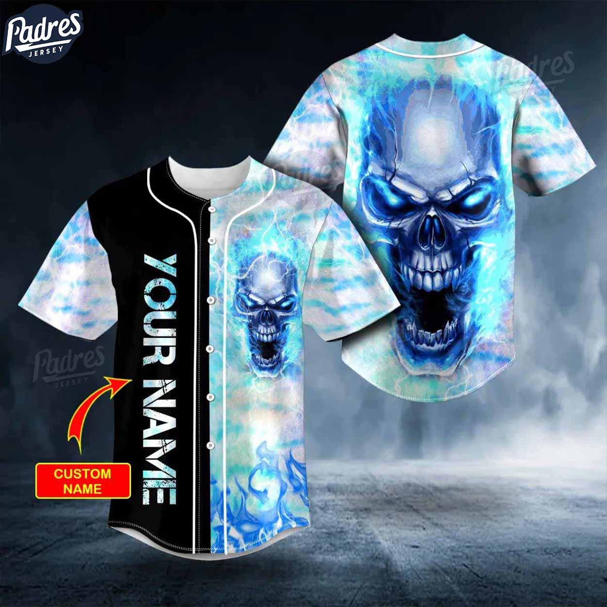 Custom Blue Fire Skull Baseball Jersey - Padres Jersey Oasis: Elevate Your Baseball Style Game T-Shirts, Hoodie, Sweatshirt