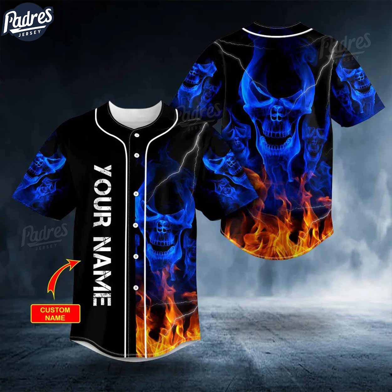 Custom Blue Smoke Skeleton Fire Skull Baseball Jersey - Padres Jersey Oasis: Elevate Your Baseball Style Game T-Shirts,...