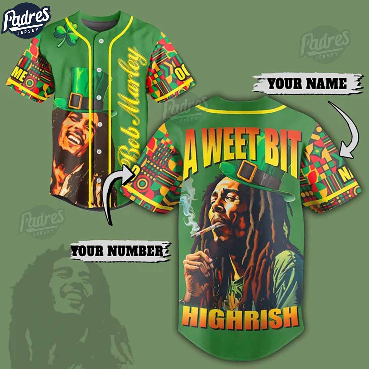 Custom Bob Marley St Patrick's Day Baseball Jersey - Padres Jersey Oasis: Elevate Your Baseball Style Game... (Image 1)