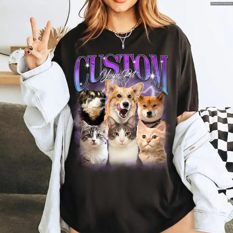 Custom Bootleg Pet Shirt, Sweater, Hoodie, Personalized with Your Own Dog or Cat, Dog Photo Retro 90's Tee Gift , Global...