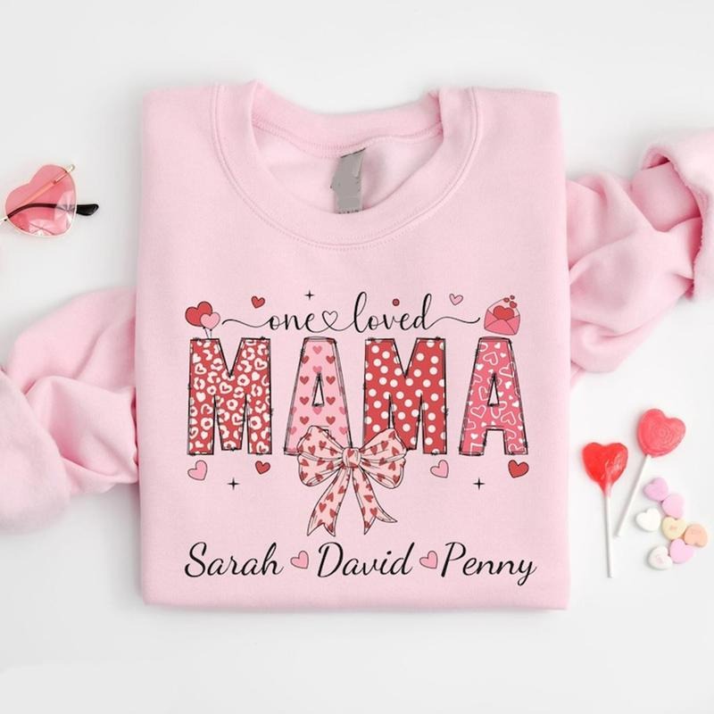 Custom Coquette Mama Valentines Day Sweatshirt, One Loved Mama Sweater, Personalized Valentine's Day Gift for Mom,...