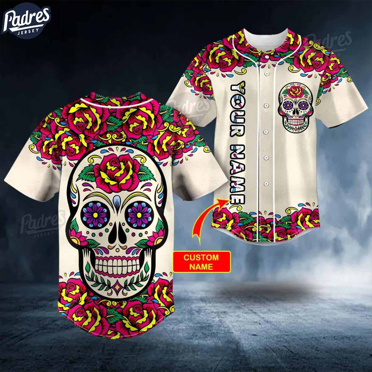 Custom Day Of The Dead Flower Pattern Skull Baseball Jersey - Padres Jersey Oasis: Elevate Your Baseball Style Game...