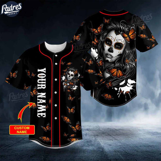 Custom Day Of The Dead Pattern Butterfly Girl Skull Baseball Jersey - Padres Jersey Oasis: Elevate Your Baseball Style...